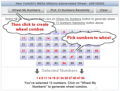 Massachusetts MEGA Millions Lotto Wheels Number Selection Sample
